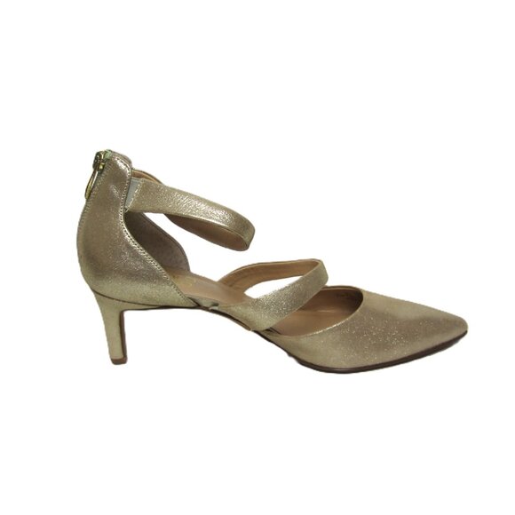 Franco Sarto Size 8.5M Soft Gold Suede Leather Heels Back Zip Ankle Strap - Picture 3 of 12